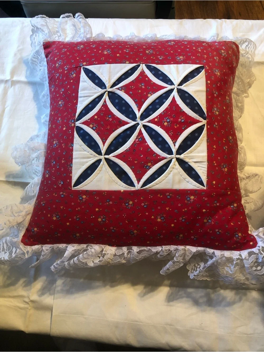 Vintage Handmade Cathedral Window Quilt Pillow